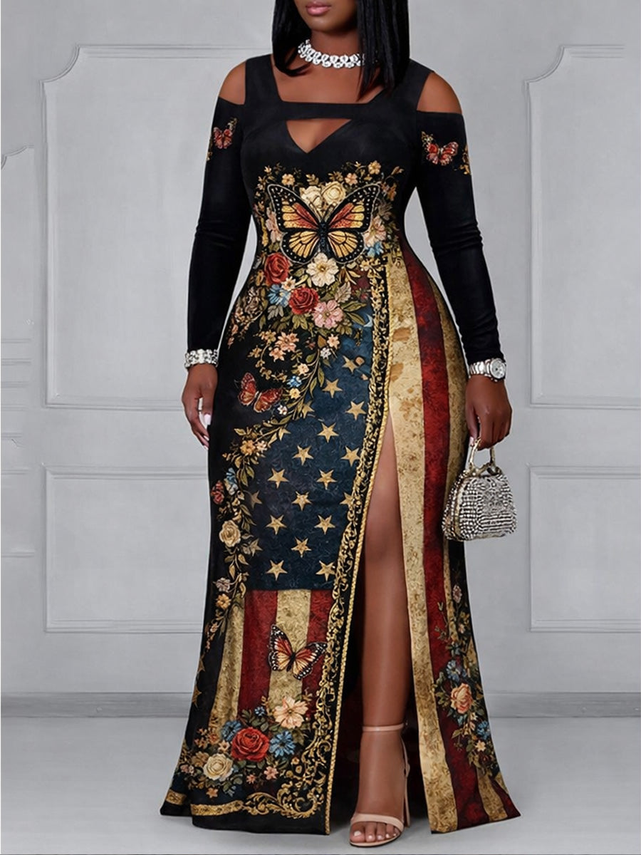 Retro 250th Anniversary Floral Art Printed Vintage Off Shoulder Style Slit Maxi Dress
